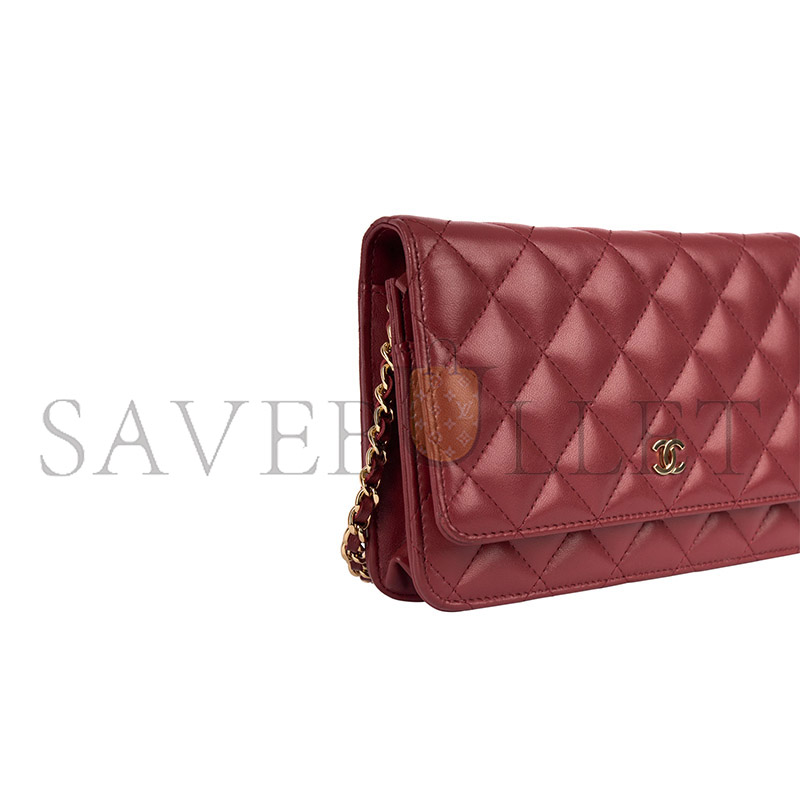 CHANEL DARK RED LAMBSKIN MATELASSE WALLET ON CHAIN  (19*13*4cm) 